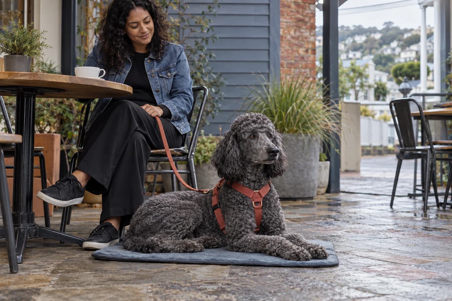 AI-generated illustration of a grey standard poodle resting beside its handler in a New Zealand café courtyard