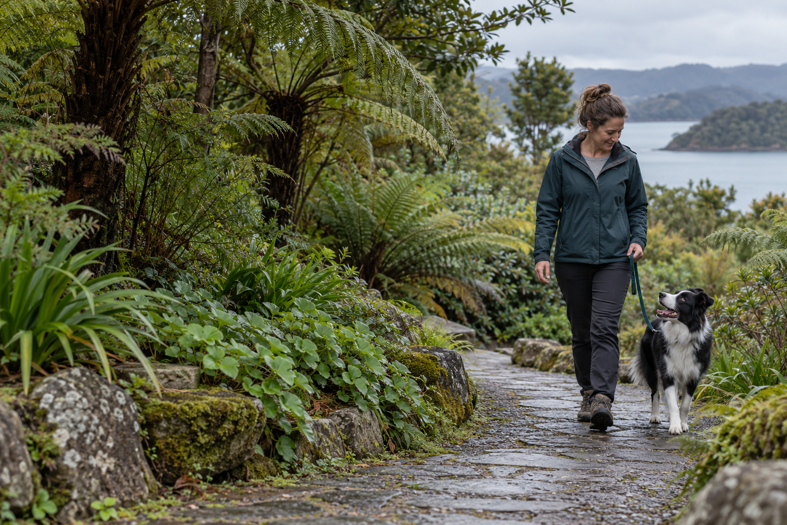 Illustrative walk with a dog on a New Zealand bush track
